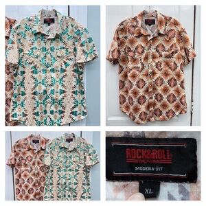 Rock & Roll Denim Modern Fit western wear pearl snap aztec shirt men's xl